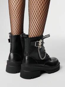 ROMWE Grunge Punk Fashionable Versatile Commuter Chain Decor Thick Sole Wedge Ankle Boots For Christmas - Black - View 5