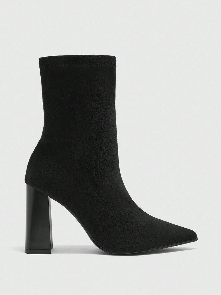 CUCCOO BIZCHIC Women's Fashion Pointed Toe Chunky High Heel Black Suede Pull-On Ankle Boots, Versatile For Daily, Commute, Work, Shopping For Christmas