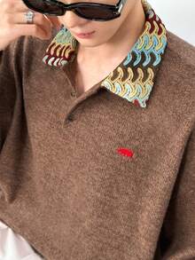 ESTAVOR Men's Casual Contrast Collar Long Sleeve T-Shirt, Autumn/Winter - Brown - View 7