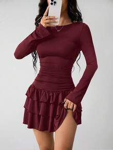 SHEIN PETITE Đầm dài tay màu đen viền bèo nhún thanh lịch dành cho nữ - Màu Đỏ Sâu - Xem 6