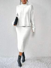 SHEIN LUNE Women's Solid Color Turtleneck Drop Shoulder Long Sleeve Sweater And Knit Skirt 2-Piece Set, Casual For Autumn/Winter - Beige - View 6