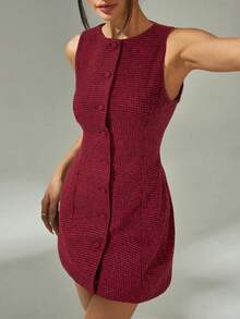 SHEIN PETITE Váy ngắn ôm sát cổ tròn kẻ caro đơn hàng khuy cho nữ - Màu Đỏ Sâu - Xem 6