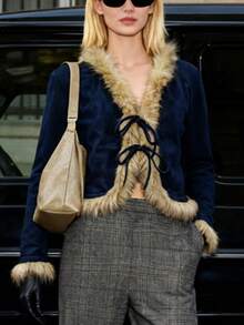 INAWLY Women's Suede Fur Collar Fitted Jacket, Autumn/Winter - Navy Blue - View 3