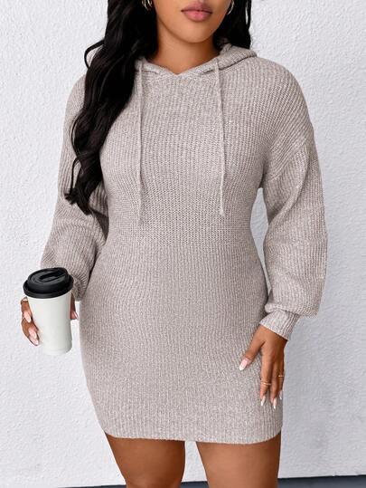 EMERY ROSE Plus Size Apricot Hooded Lantern Sleeve Sweater Dress, Comfortable For Commuting