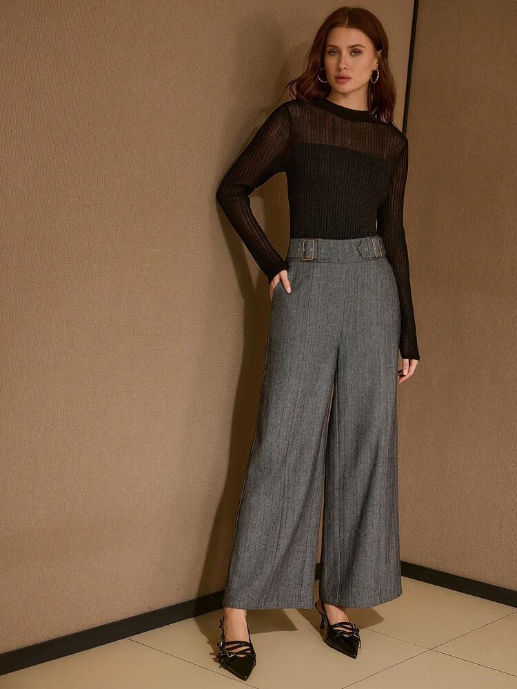 HERRINGBONE BUCKLE DETAIL ZIP BACK WIDE LEG PANTS