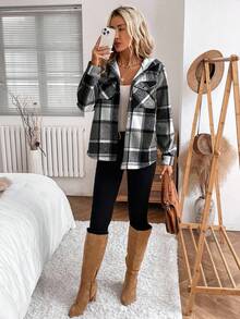 SHEIN LUNE 女士休闲格子毛绒内衬宽松连帽常规外套，秋冬款 - 灰色 - 查看 6