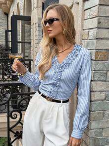 SHEIN Frenchy Women's Fashionable Commuter Striped Long Sleeve Shirt, Autumn Spring Elegant - Baby Blue - View 5
