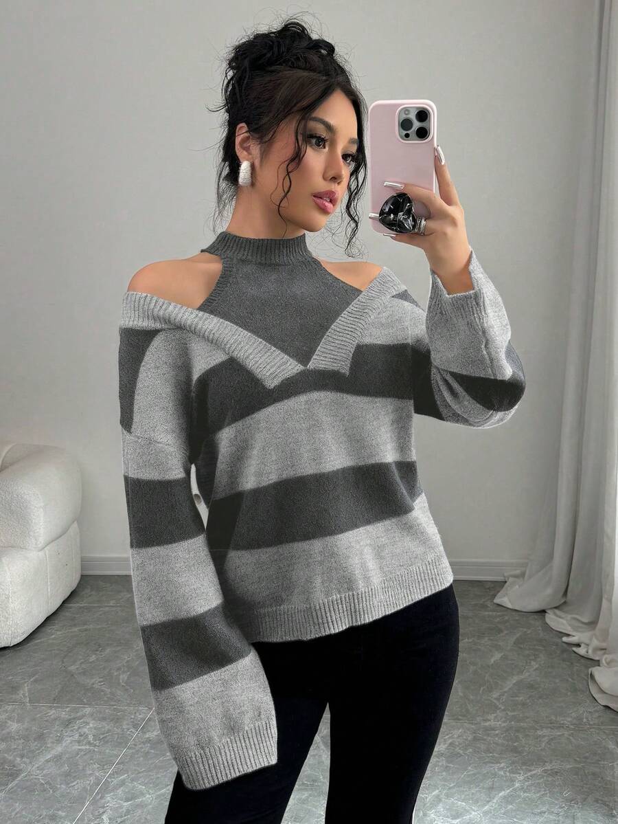 Elenzga Women's Autumn/Winter Striped Drop Shoulder Long Sleeve Loose Pullover Sweater - Light Grey - View 1