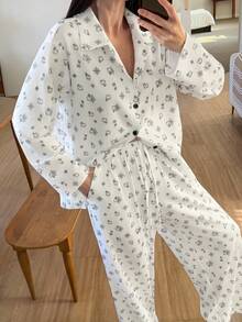 DAZY Bộ đồ ngủ dệt kim họa tiết hoa hoạt hình dễ thương dành cho nữ - trắng - Xem 6