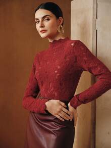 Anewsta 1 pieza Camiseta de mujer elegante de unicolor de manga larga con diseño calado y elástica - Rojo - Ver 4