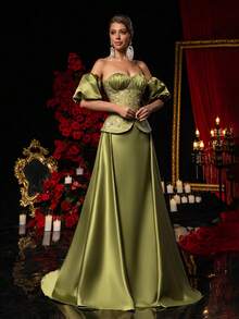 Glamrae This Elegant And Captivating Military Green Sequined Embroidered Dress Is Crafted From Luxurious Satin Fabric, Featuring A Strapless Design With Ruffled Puff Sleeves And A Flowing Fishtail Hem. Perfect For Dates, Parties, Bachelorette Parties, Formal Occasions, Weddings, And Elaborate Evening Gowns. - Army Green - View 2