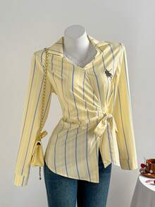 Comfortcana Blue And Yellow Striped Asymmetrical Tie Front Blouse,Autumn Elegant Brunch Women Christmas New Year 70s Tops,Yellow Stripe Tie Strap Blouses - Multicolor - View 4