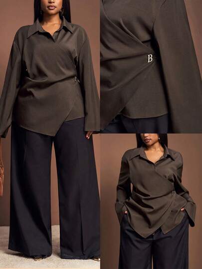 Veslaya 2025 Ny höst/vinter Kaffebrun långärmad blus/skjorta med vikkrage, Lämplig för pendling, vardag, lager-på-lager, jacka, byxor, kjol, mångsidigt plagg