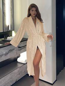 DAZY Women's Plush Textured Long Robe, Autumn/Winter Pajama - White - View 6