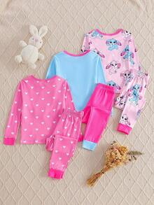 Genkimix Kids 6pcs/3sets Girls Pajamas, Cute Rabbit Print In Pink, Red, Blue, Fashionable Graphic Pattern Full Print Long Sleeve Top And Pants 3-Piece Snug Fit Sleepwear Set - Multicolor - View 2