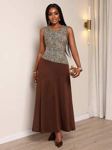 Xyvia Women's Elegant Leopard Print Contrast Color Design Sleeveless A-Line Midi Dress, Versatile All-Match Style, All Season