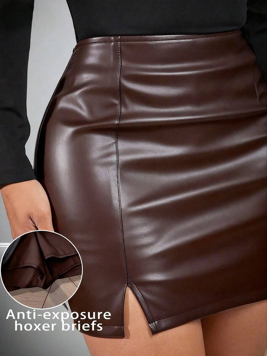 Radiana 女士纯色高腰PU皮革侧开衩下摆时尚修身半身裙 - 巧克力棕 - 查看 1