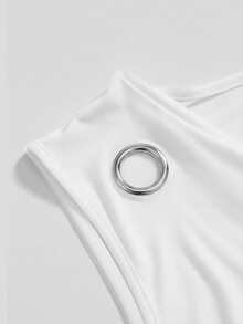 ROMWE Grunge Punk Vintage Punk Metal Grommet Design Draped Neck Slit Hem Fitted Plus Size Women Tank Top - White - View 3