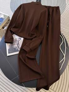 Resyla 女士休闲运动通勤简约纯色立领拉链外套和抽绳喇叭裤两件套，春秋季 - 咖啡棕 - 查看 2