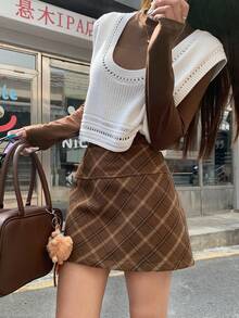 DAZY 女士休闲格子韩版百搭优雅半身裙 - 咖啡棕 - 查看 5