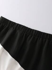 SHEIN CURVE+ 大码女士优雅复古拼接褶皱A字高腰半身裙度假装 - 黑與白 - 查看 6