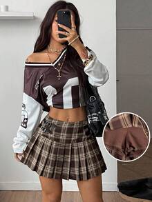 Coolane 女士棕色格子编织百褶裙 - 卡其色 - 查看 3