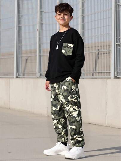 Vacaura 2pcs/Set Teenager Black Hoodie With Fashionable Camouflage Pocket Matched With Camouflage Cargo Pants, Suitable For Autumn/Winter Outdoor Sports Fall