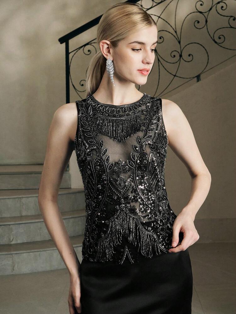 Women's Fashionable High-End Luxury Fringed Beaded Top, Suitable For Parties And Galas