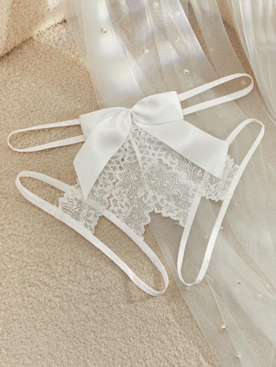 SpicyHot 女士性感蕾丝蝴蝶结开裆内裤 - 白色 - 查看 1