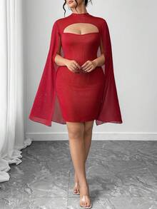 Elenzga Plus Size Women's Heavily Embellished Sexy Chiffon Patchwork Bodycon Dress - Red - View 8