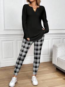 SHEIN LUNE 2pcs/Set Women's Long Sleeve T-Shirt And Leggings, Plaid Print, Suitable For Autumn/Winter, Black & White - Multicolor - View 3
