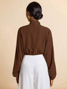 SHEIN Veneréa Women's Metal Decor Ruched Cuff Shirt - Coffee Brown - View 2