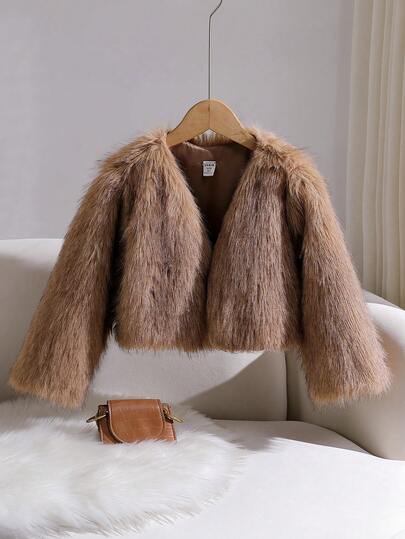 SHEIN Elladie kids Winter New Fashionable & Chic Girls Faux Fur Jacket, Tie Dye Fluffy High-End Short Thick Outerwear Top