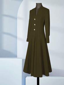 Franclia [Vintage Eleganz & Luxus] Elegantes einfarbiges Kleid mit V-Ausschnitt und langer Länge, einer Reihe exquisiter Knöpfe, schlanker Taillenlinie, eleganter Bankett-Style - Armeegrün - Übersicht 3