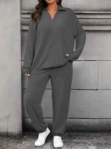 Calvaya Plus Size Solid Color Minimalist Long Sleeve Top And Pants 2 Pieces Set, Casual Everyday Wear - Dark Grey - View 5