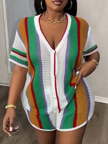 Slaydiva Große Größen V-Ausschnitt Strickjacke Kurzarm Shorts Set, vertikale gestreifte Farbblock, lässiger Urlaubs-Sommer-Strick