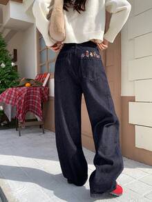 DAZY 女士花卉刺绣休闲牛仔裤 - 藍色 - 查看 2