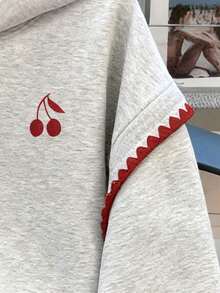 Resyla 女士外套上衣，樱桃图案设计，秋季夹克，秋冬款，灰色，提花狗牙刺绣设计，户外服饰，必备单品，休闲百搭时尚风格，街拍必备，100%吸睛，女士长袖连帽卫衣 - 灰色 - 查看 3