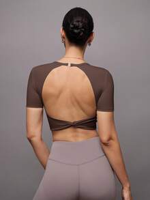 Activina Women's Solid Color Round Neck Short Sleeve Backless Cropped Fitted Sports T-Shirt Open Back Gym Top Brown Workout Top - Coffee Brown - View 7