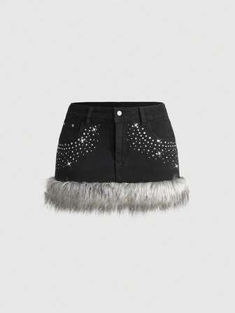 Grunge Punk Y2K Fuzzy Super Low-Rise Mini Denim Skirt For Women