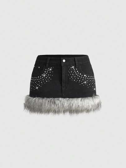 Grunge Punk Y2K Fuzzy Super Low-Rise Mini Denim Skirt For Women