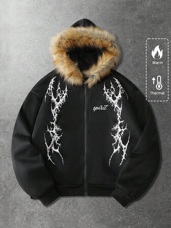 Sudadera con capucha para hombre, estilo informal, con cuello de piel sintética, estampado inglés Dark Thorn, cierre de cremallera, ideal para otoño/invierno.