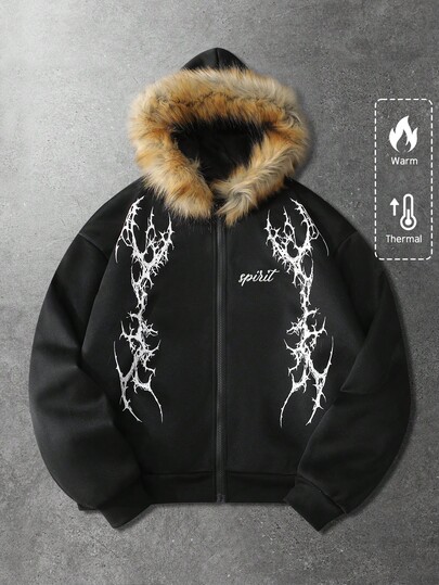Felpa con cappuccio da uomo, casual con colletto in pelliccia, stampa in inglese con spine scure, con chiusura lampo, adatta per autunno/inverno