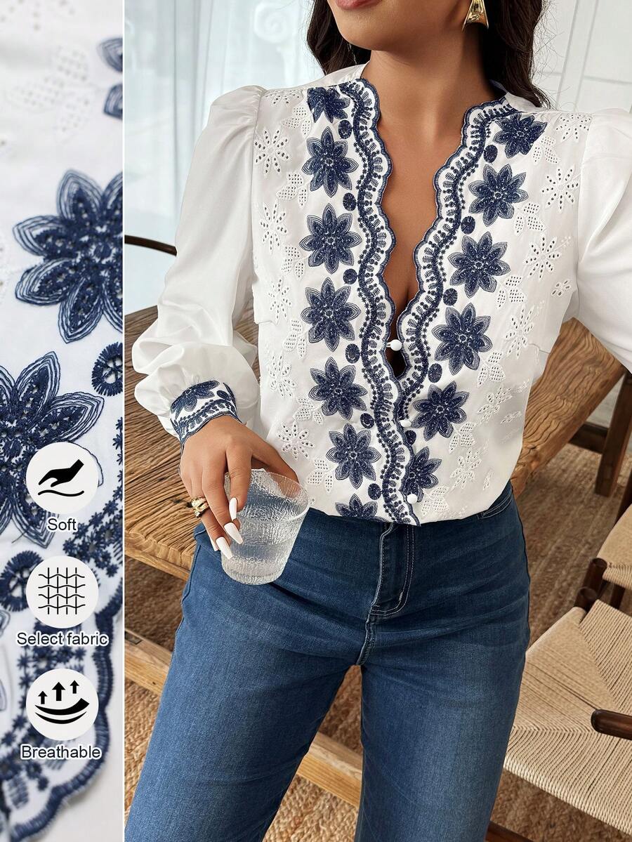 Weeklong Plus Size Women's Contrast Color Embroidered Casual Shirt, Autumn/Winter - Blue and White - View 1