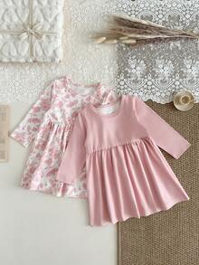 SHEIN 2件套女婴碎花印花弹力腰长袖连衣裙，舒适柔软，适合春、秋、冬三季，6个月-3岁 - 粉色 - 查看 7