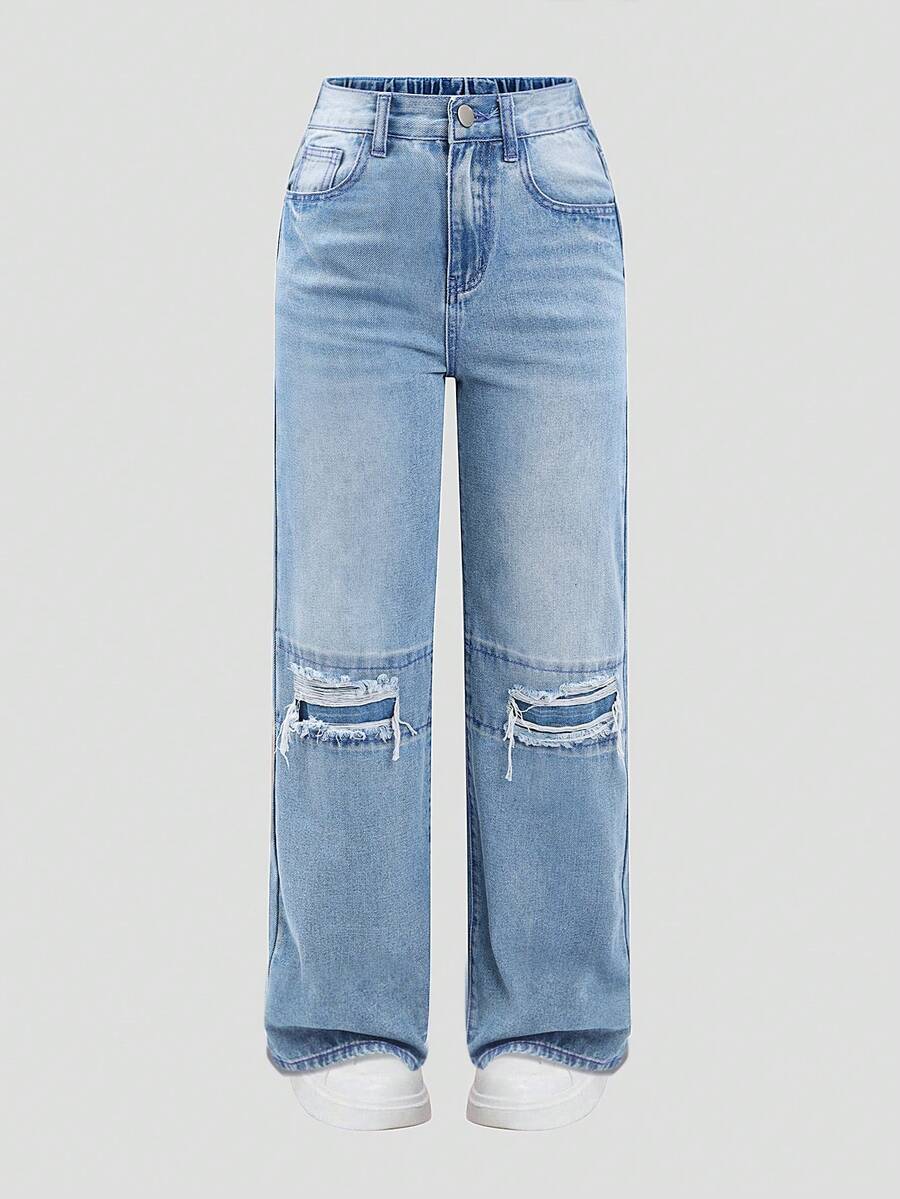 SHEIN ChillGRL Street Fashion Heavy Washing Process Tween Girls Jeans, School, Campus, College - Medium Wash - View 1