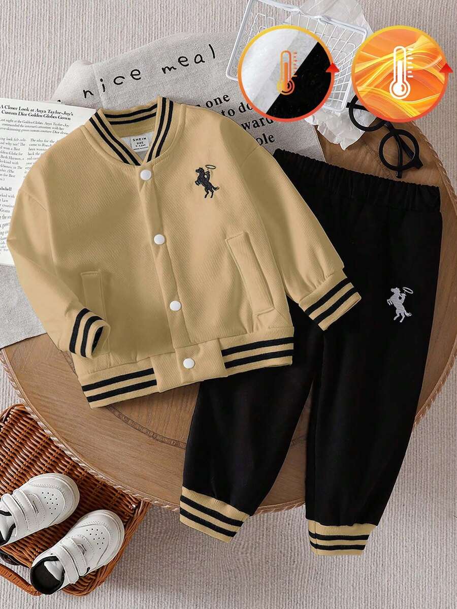SHEIN 男婴纯色刺绣Logo保暖外套+弹力腰保暖裤两件套,舒适保暖面料,轻便外套,纯色设计,适合秋冬季日常穿着、上学、运动和户外活动 - 彩色 - 查看 1