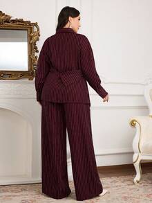 Modelyn Plus Size Women Drop Shoulder Striped Long Sleeve Shirt And Wide Leg Pants Casual 2-Piece Set - Burgundy - View 2