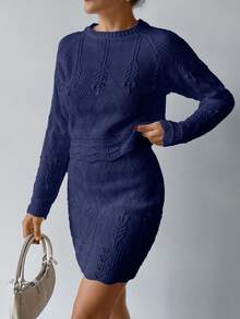EURMUSE Elegant Texture Knit Hollow Out Sweater & Sweater Skirt Co-Ords 2 Pieces Set - Navy Blue - View 3