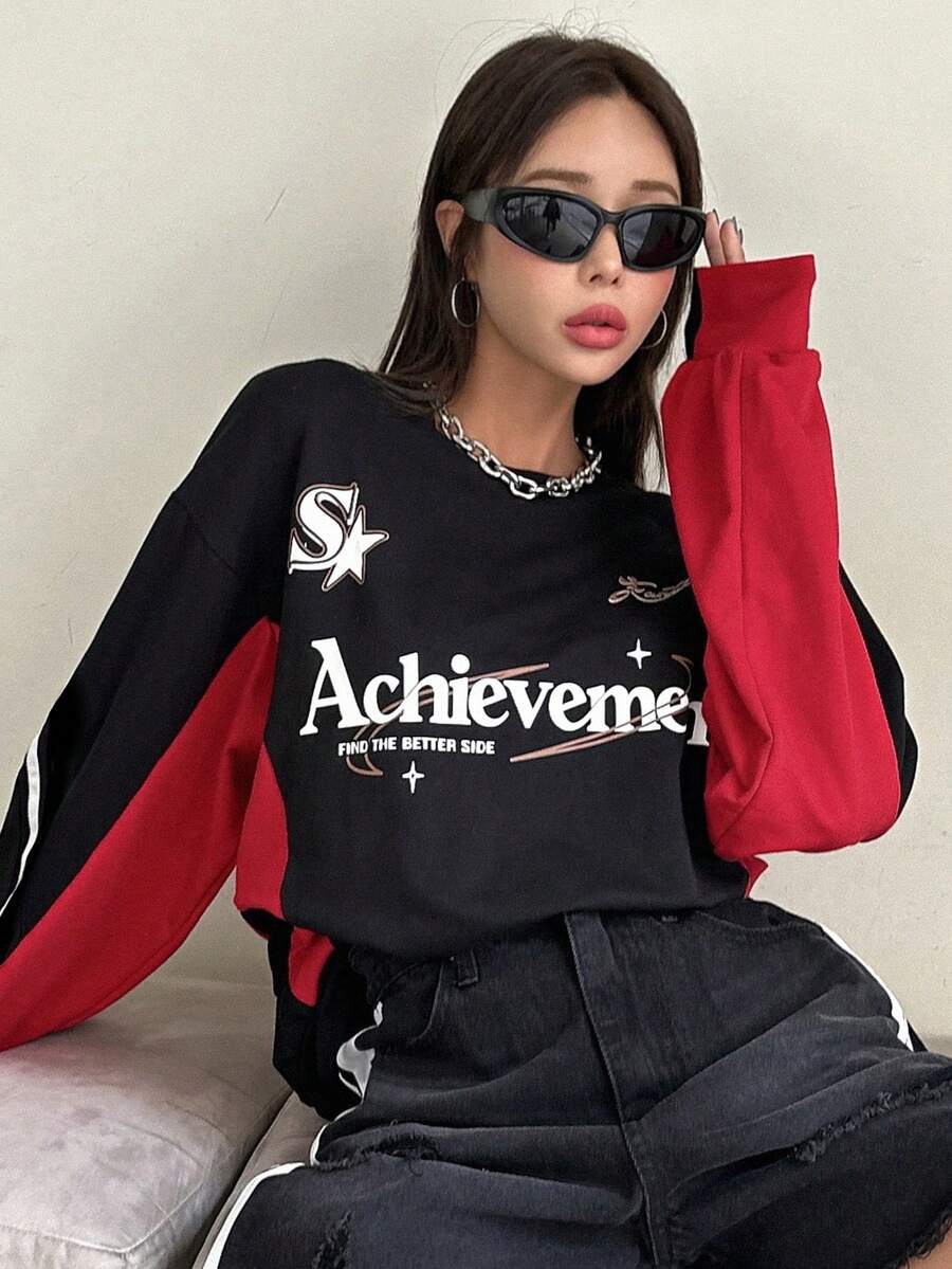 DAZY Slogan Graphic Colourblock Drop Shoulder Sweatshirt